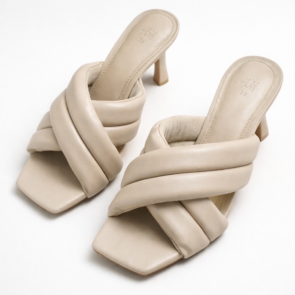 H&M Beige Puffy Crossover Strap Square Toe Mule Sandals EU 36